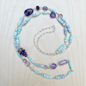 Amethyst and Blue Opal Necklace - Long Beaded Chain Necklace