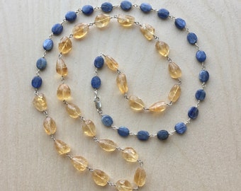 Citrine and Kyanite Beaded Necklace - Rosary Style Chain - Long Layer Necklace