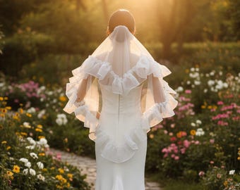 Hartvormige bruidssluier met ruches. Romantische bruidssluier. Korte sluier van organza tule. Uniek cottagecore-bruidsaccessoire.