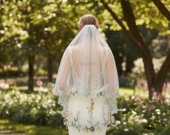 Velos de novia cortos de dos niveles: Velo de novia con encaje de flores silvestres. Velo de novia personalizado. Velo de novia para exteriores. Velo de novia corto.