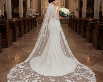 Luxe kathedraal bruidssluier met 3D-bloemenkant en pailletten: sprankelende bruidssluier. Aangepaste bruidssluier. Romantische bruidssluier.