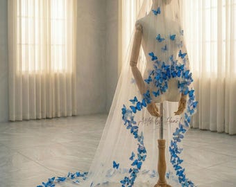 Prachtige 3D-bruidssluier met vlinderkant. Romantische mantilla-sluier. Gekleurde kanten sluier. Elegante kathedraalsluier. Handgemaakte, op maat gemaakte sluier.