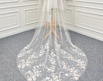 3D-kathedraalsluier met bloemenkant en blush - lichtroze tweelaagse sluier