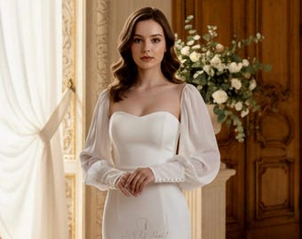 Afneembare chiffon bruidspofmouwen: afneembare parel bruidsmouwen. Afneembare lange mouwen. Afneembare bruidsmouwen in vintagestijl.