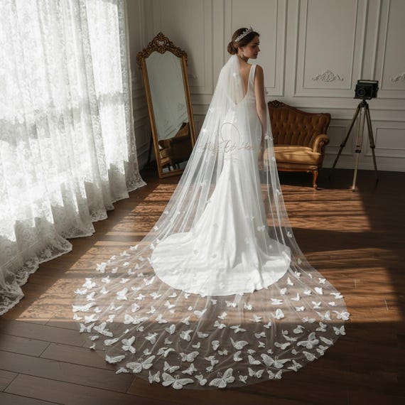 Gorgeous 3d Butterfly Lace and Pearl Bridal Veil: Cathrdral  display picture 2