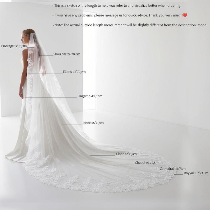 May include: A white bridal gown with a long train, featuring measurements for various lengths: Birdcage 12", Shoulder 24", Elbow 35", Fingertip 43", Knee 55", Floor 72", Chapel 98", Cathedral 118", and Royyal 137". The gown has lace detailing.