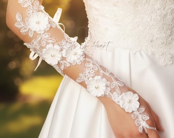 Afneembare mouwen: elegant 3D-gebloemd kant en parelmouwen. Accessoires met afneembare mouw voor bruiden. Op maat gemaakte verwijderbare mouwen.