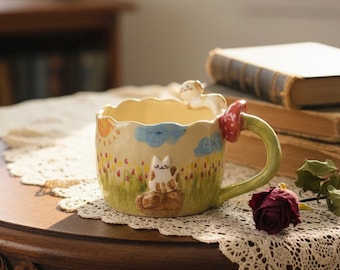 Leuke keramische mok met anime-cartoon: keramische kattenmok met paddenstoelhandvat voor koffie, thee, water. Kerstcadeau. Cadeau voor haar. Cadeau voor moeder, familie.