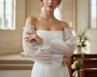 Detachable Tulle Chiffon Bridal Sleeves: Vintage style puff sleeves. Detachable bridal long sleeves.