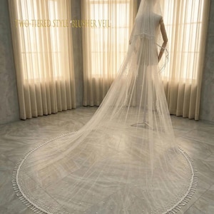 Pearl-embellished bridal veil. Wedding veil with scattered pearls. Mantilla veil with densely packed pearls. Pearl fringed veil. Custom veil image 4