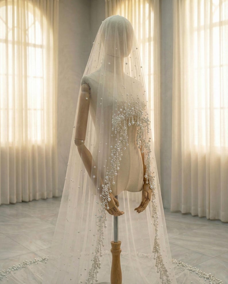May include: A sheer, ivory-colored bridal veil with delicate pearl embellishments. The veil is draped over a mannequin, showcasing the cascading pearl strands that adorn the edges. The pearls add a touch of elegance and sophistication to the bridal accessory.