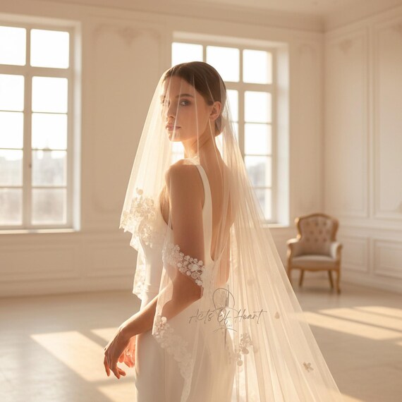 Chapel Style Bridal Veil With Cute 3d Flowers and Sparkling 