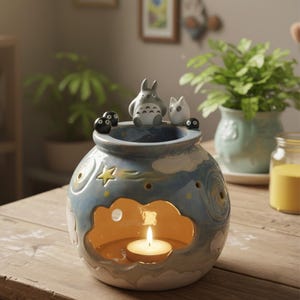 Op de afbeelding: Een keramische oliebrander met een blauw en wit wolkenontwerp, met stripfiguren. De brander heeft een ronde vorm met uitgesneden wolkenvormen en steraccenten. Een brandende kaars zit binnenin.