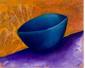 Blue Bowl - Original Small Still Life Oil Painting, Kitchen Wall Art