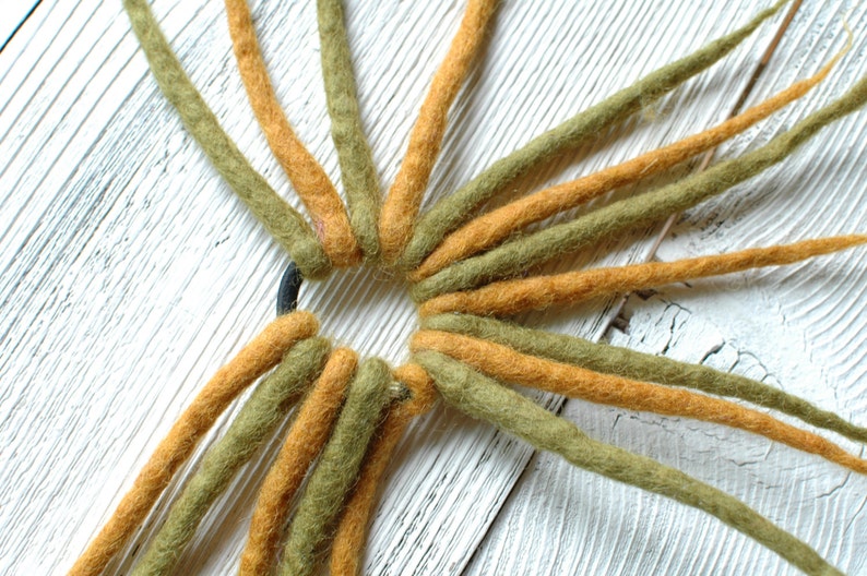 Orange and Olive Wool Felt Dreads, Boho Hair Accessories, Festival Hair Ties upcycled recycled repurposed wool image 3