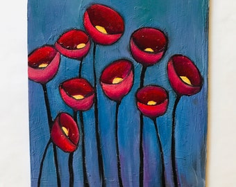 Red Poppies - Small Original Oil Painting 7.5" x 8.75" -- free shipping