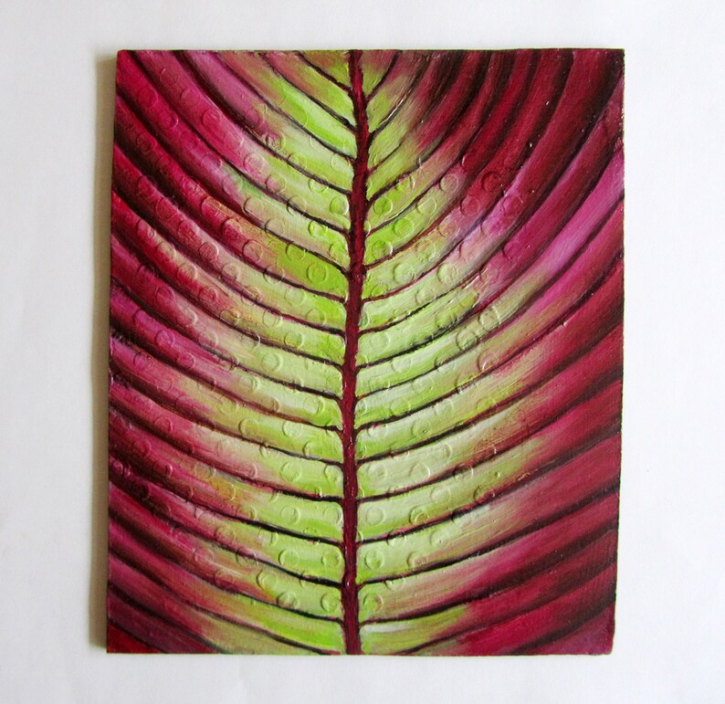 Tropical Leaf Oil Painting Small Original Art 7.5 x 8.75 free shipping image 1