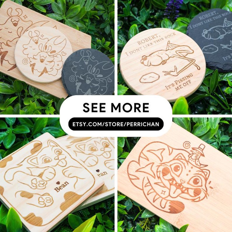 May include: A collection of engraved coasters and cutting boards with cartoon animal designs. Some coasters are round, others square. The text "ROBERT, I DON'T LIKE THIS ROCK" and "IT'S PISSING ME OFF" are visible. The Etsy store URL is also visible.