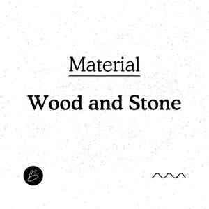 May include: White background with the word "Material" above the words "Wood and Stone" in a black font. A black circle with a white "B" is in the lower left corner. A wavy line is in the lower right corner.