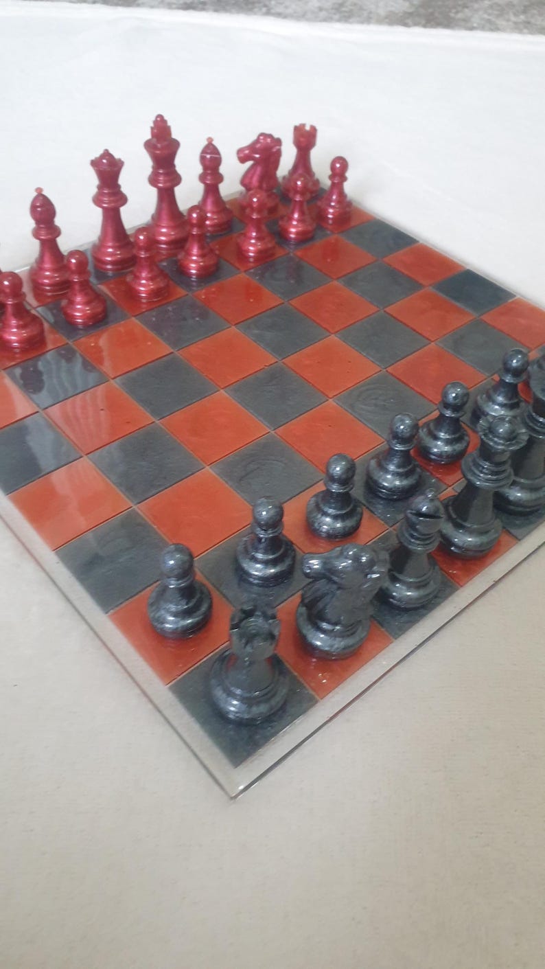 Chess Set With Ruby Red and Black Pearl Pieces and Clear Resin - Etsy