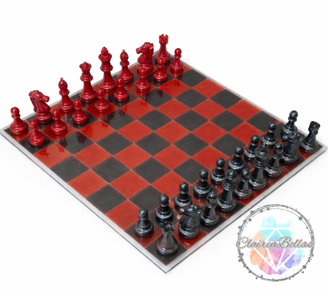 Chess Set With Ruby Red and Black Pearl Pieces and Clear Resin - Etsy