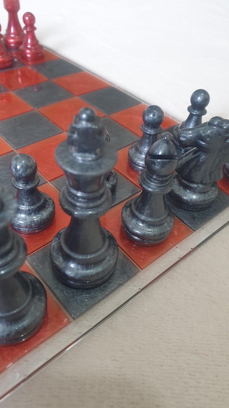 Chess Set With Ruby Red and Black Pearl Pieces and Clear Resin - Etsy
