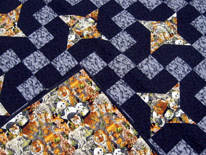 Patchwork Lap Quilt, Blanket, Throw, Heirloom, Starry Nines in the Jungle FREE SHIPPING image 5