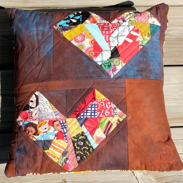 Quilted Eclectic Patchwork Squashed Hearts Pillow - Women's Heart Health Awareness - 16"