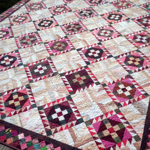 Patchwork Bed Quilt , Lap, Twin, or Full, Heirloom, Scrappy, Cream, Fuchsia, Green, Brown - Roll, Roll Cotton Boll - FREE SHIPPING