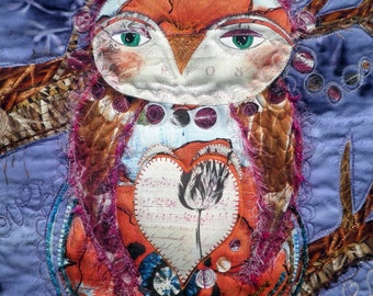 Art Quilt - Owl Be Yours - Mixed Media Wall Hanging - FREE SHIPPING