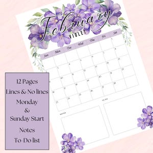 Calendario mensual imprimible 2025 / Calendario de flores del mes de nacimiento / Tamaño carta de EE. UU. / A4 / Calendario de inicio en domingo / Calendario de inicio en lunes / Espacio para tareas / Notas