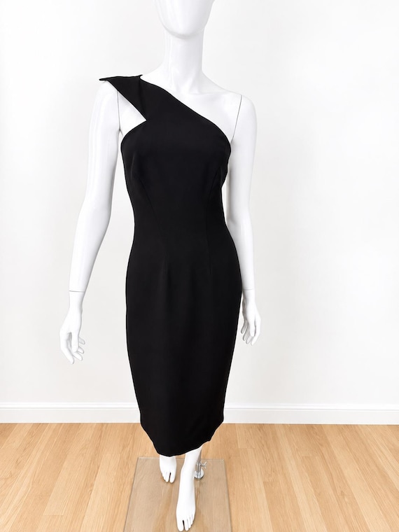 Mugler, Thierry Mugler Black One Shoulder Dress 1999 S/S – 1990s Asymmetric Open Back Bodycon Midi Vintage - Size Large