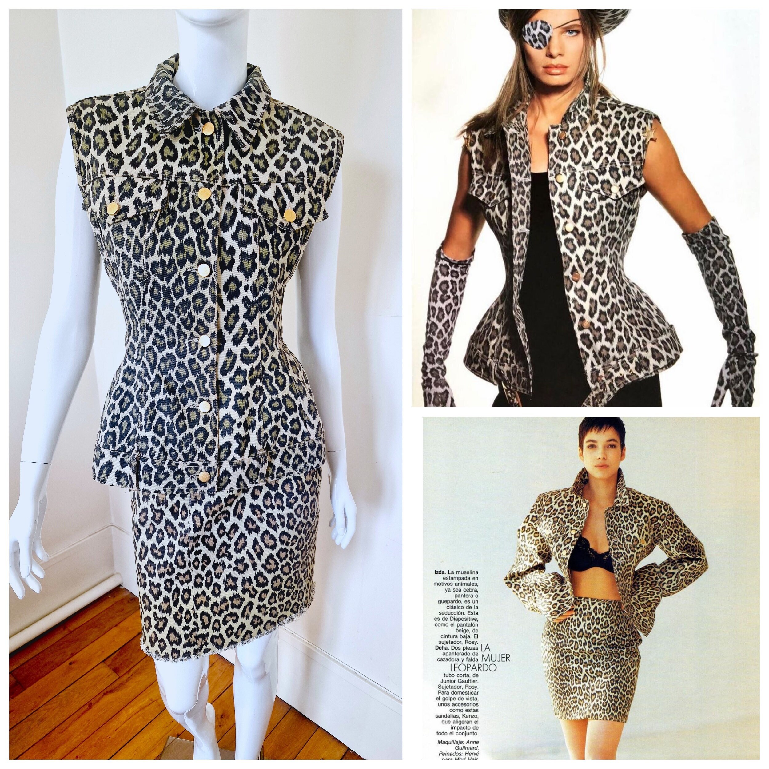 Jean Paul Gaultier Leopard Junior Wasp Waist Corset Vintage SS 1989 Runway Denim Jacket Skirt 2 Piece Set Vest Suit Dress Etsy