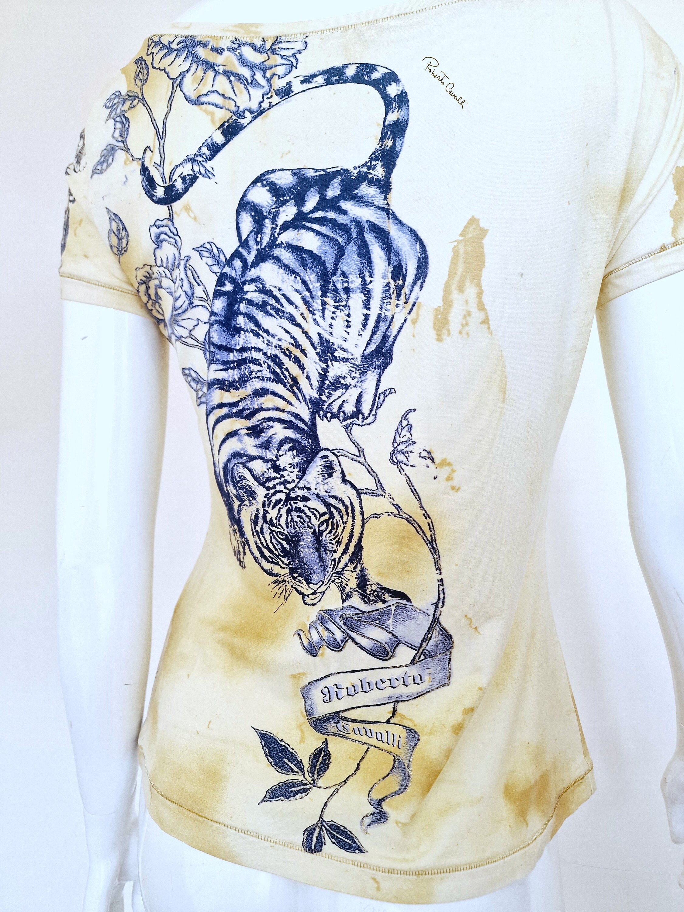 Auth Roberto Cavalli Leopard & Tiger Graphic Crew Neck