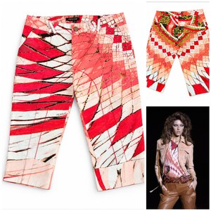 Roberto Cavalli SS 2004 Mosaic Print Pants – Runway Capri Print Vintage Y2K Coral Gold Stretch Cotton Trousers - Size Small
