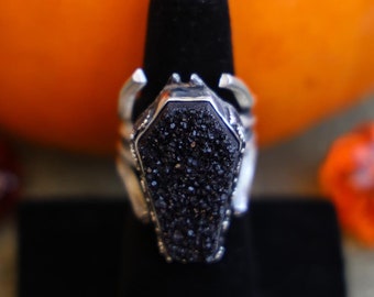 Anillo de araña de plata de ley con diseño gótico de ágata drusa y espeluznante Halloween, talla 7.5