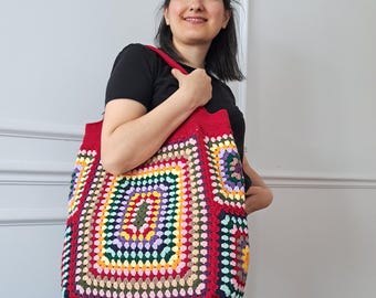 Colorful Granny Crochet Tote Bag, Red Crochet Purse, Shoulder Tote Bag, Granny Square Bag, Cherry Red Bag, Vintage Style Handmade Bag