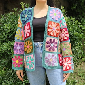 Valentines Clothing Women, Women's Clothing on Sale Sweaters and Coat, Winter Jacket Women, Floral Crochet Coat, Granny Square Cardigan,