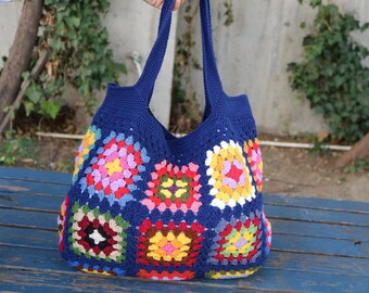 Marineblau Grandma Square Häkeltasche: Handgemachte Baumwolltasche