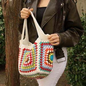 White Granny Square Bag, Crochet Bag, Boho Bag, Summer Bag, Tote Bag, Granny Square Purse Bag, Knitted Bag, Handmade Bag, Gift For Women