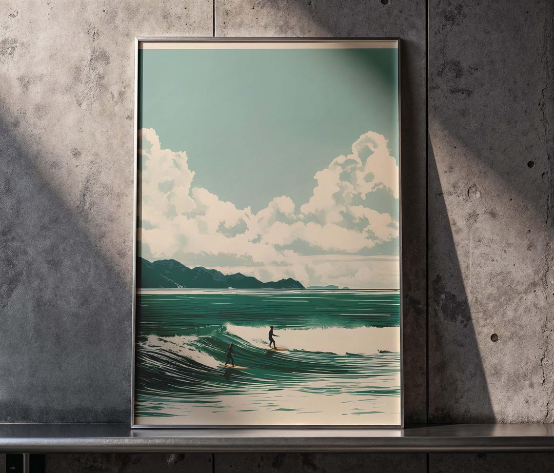 Vintage Surf Poster - Teal Coastal Wall Art - Retro Beach - Mid Century ...