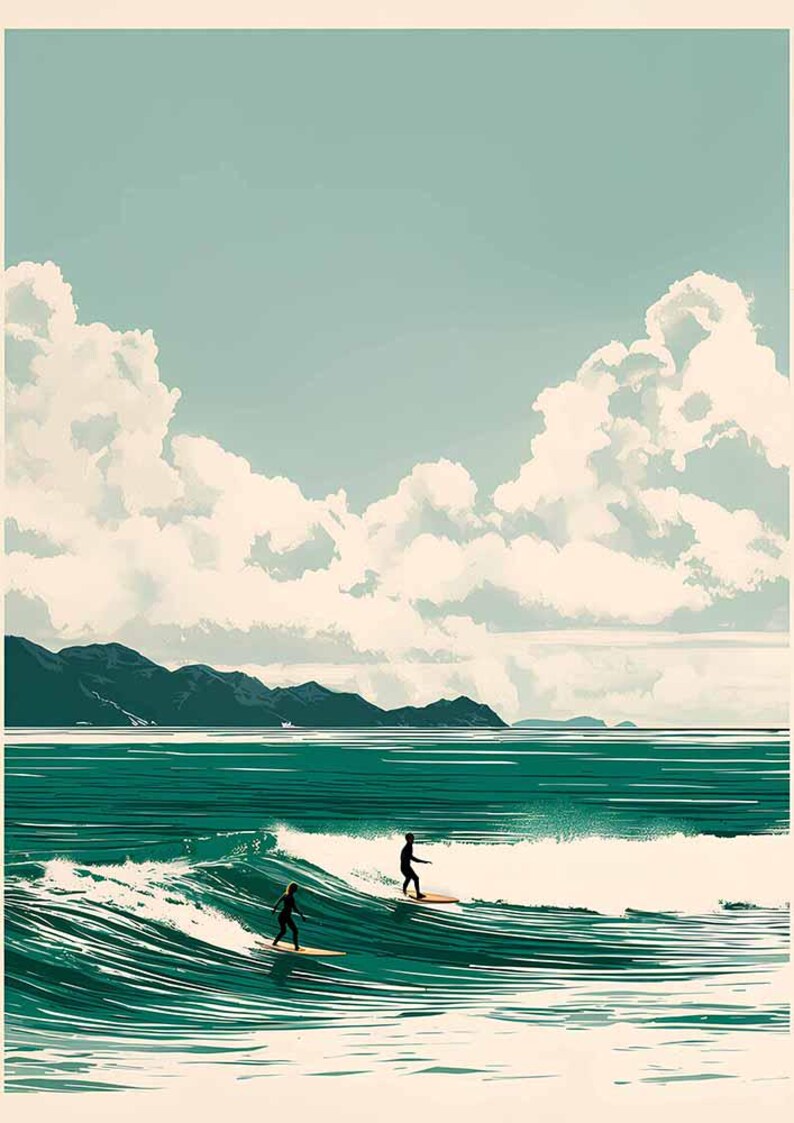 Vintage Surf Poster - Teal Coastal Wall Art - Retro Beach - Mid Century ...