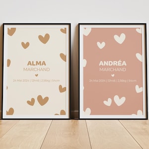 Póster de bebé personalizado - Póster de nacimiento con estampado de corazones - Regalo de nacimiento - Póster de pared minimalista - Decoración de habitación de bebé