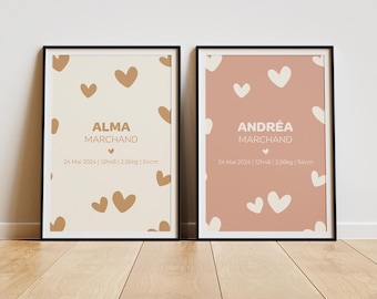 Personalized baby poster - Heart-pattern birth poster - birth gift - minimalist wall poster - baby room decoration
