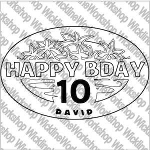 May include: Black and white oval design with the text "HAPPY BDAY 10 DAVID". The design includes stylized palm trees and water lines. A birthday-themed graphic.