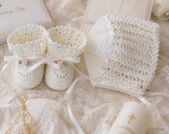 Hand Crochet Newborn to 3 Months Baby Girl Christening Bonnet and Booties