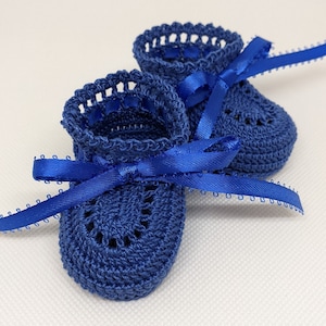 Hand Crocheted Blue Baby Booties: Newborn Gift with Ribbon