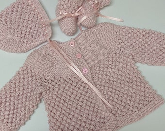 Baby Sweater Set, Baby Girl, Hand Knitted Sweater Bonnet Booties, Pink, 0-3 months