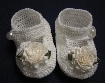 White Rose Mary Janes 0-3M Baby Girl Crochet Booties