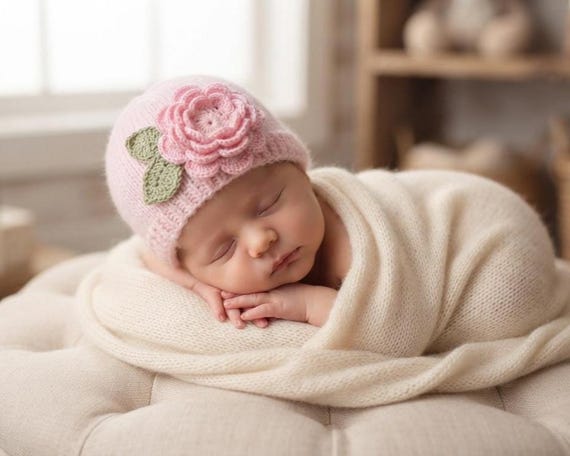 Hand Knitted Newborn to 3 Months Baby Girl Beanie Hat With Irish
